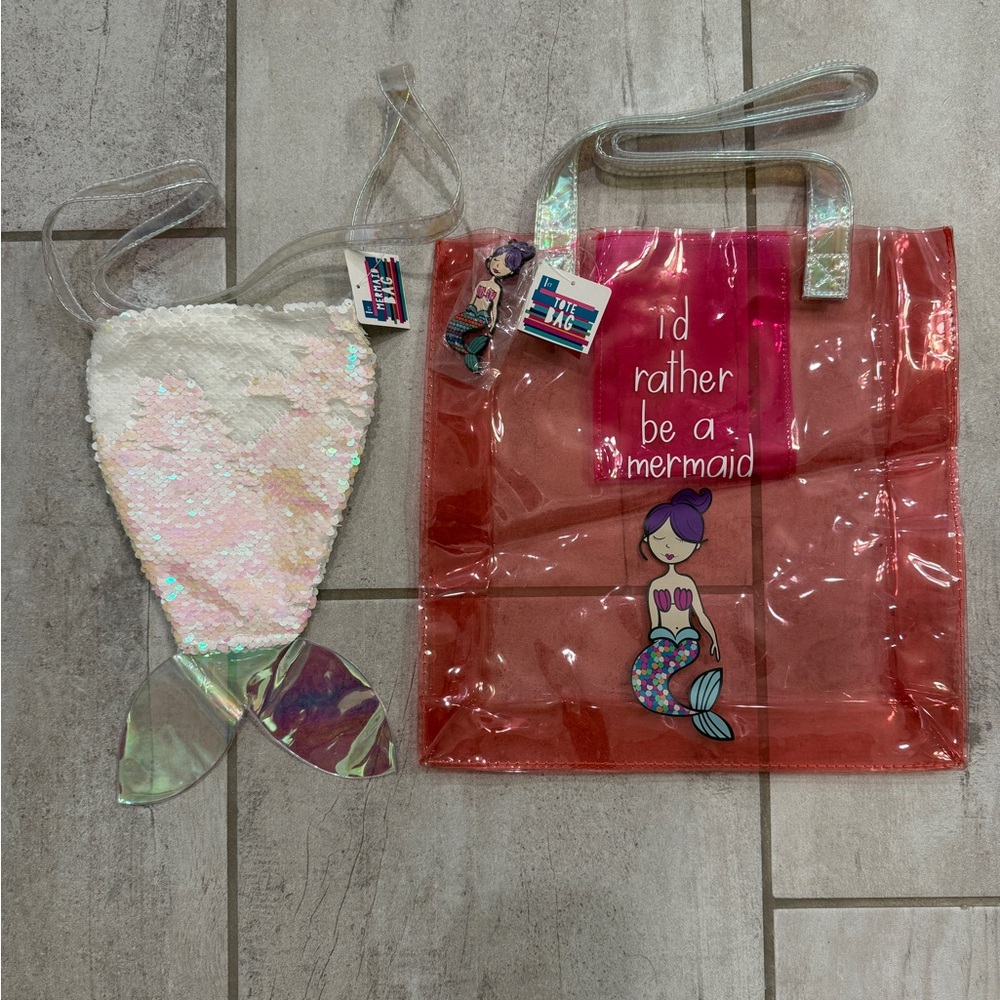 🧜🏽‍♀️ NWT Cute Mermaid Sequin Crossbody & Pink Clear Tote Bag Set FREE backpack